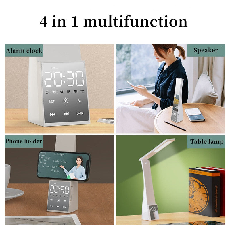 Led Desk Lamp With Bluetooth Speaker Temperature Alarm Clock Dimmable Touch Foldable Table Lamp Reading Light Eye Protection